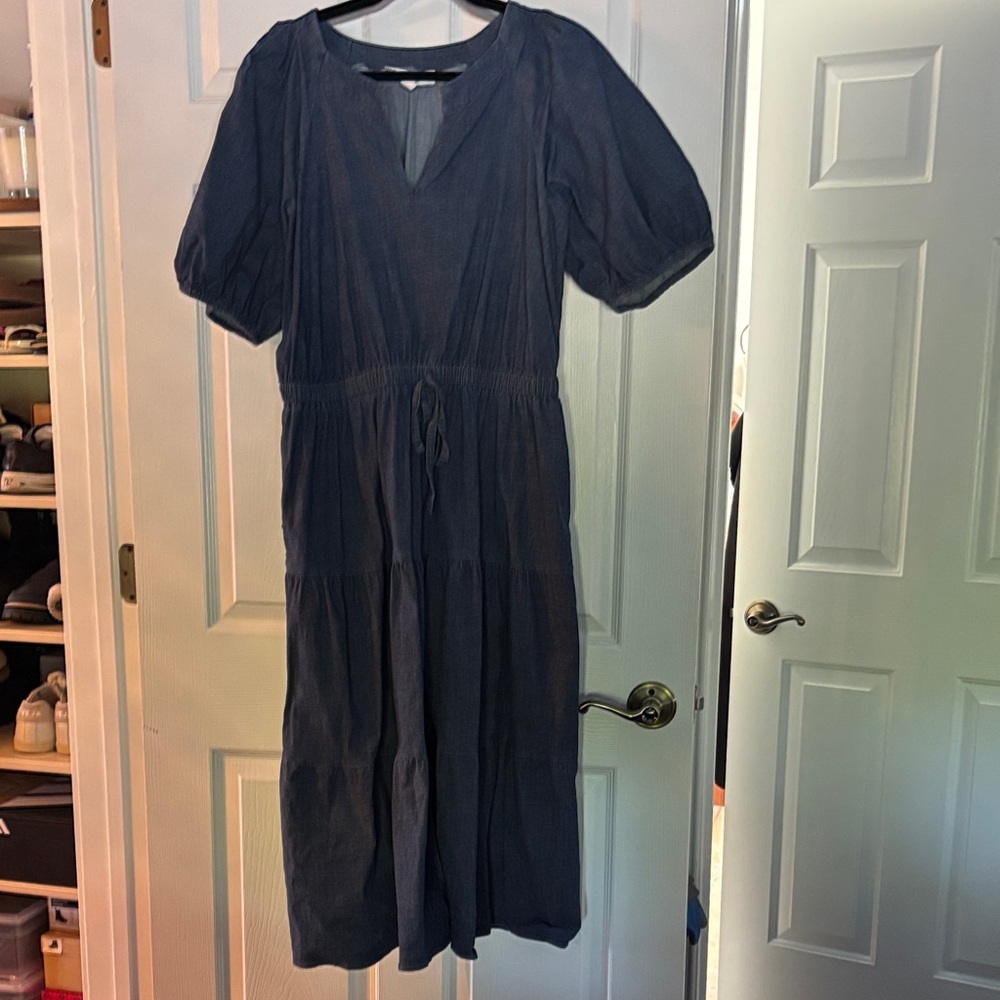 Anne Klein Navy Tiered Midi Dress with Puff Sleeves and Drawstring Waist